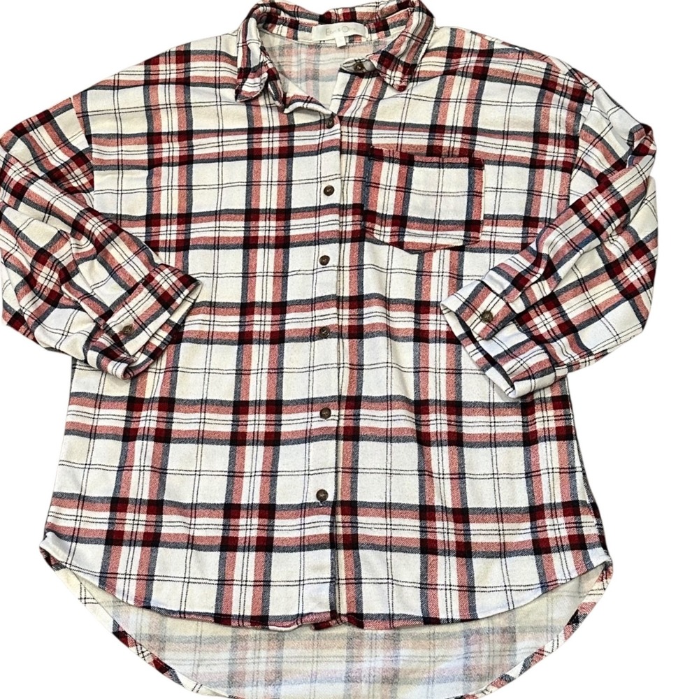 Eden & Olivia Plaid Shirt Women Large Burgundy Excellent Oversized High-Low 3/4
